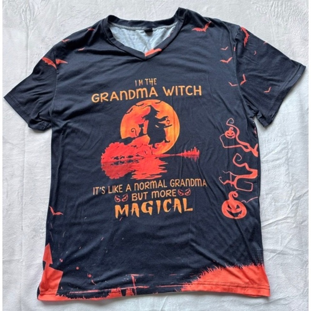 Grandma Witch Halloween T-Shirt Black Orange Magical V-Neck Graphic Tee XL